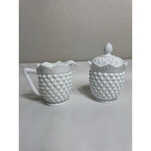 Fenton Vintage Hobnail White Milk Glass Creamer & Lidded Sugar Bowl Set pre-1970